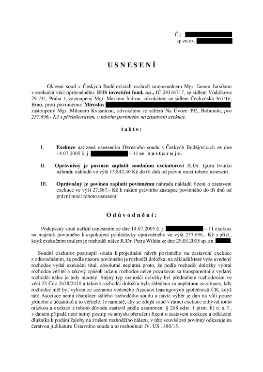 Usnesení o zastavení exekuce CAC Leasing (IFIS investiční fond)